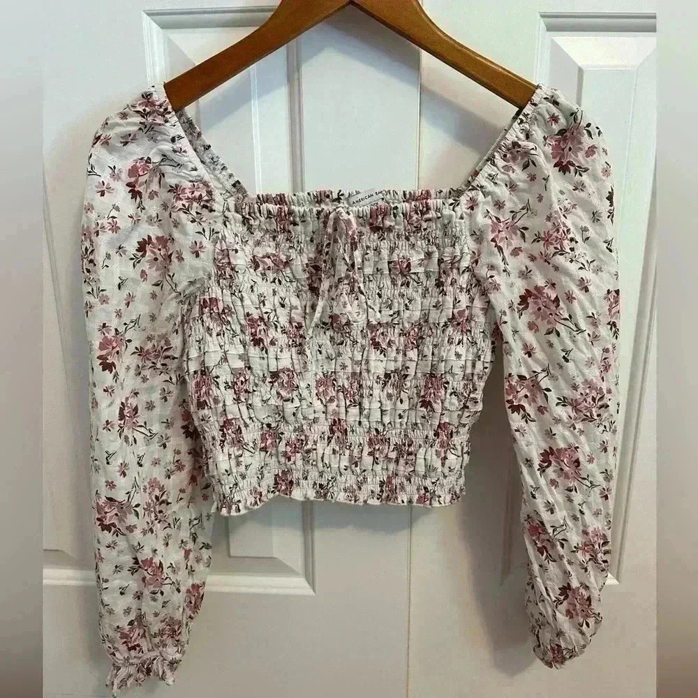 American Eagle AE smocked puff-sleeve square neck blouse size S
